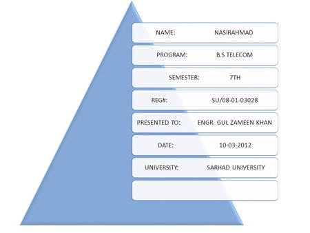 NAME: NASIRAHMADPROGRAM: B.S TELECOMSEMESTER: 7THREG#: SU/08-01-03028PRESENTED TO: ENGR. GUL ZAMEEN KHANDATE: 10-03-2012UNIVERSITY: SARHAD UNIVERSITY.