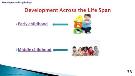  Early childhood  Middle childhood Dr. Mohsen Lotfy Ahmed Developmental Psychology 33.