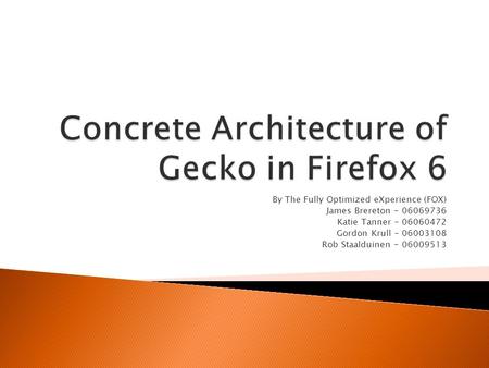 By The Fully Optimized eXperience (FOX) James Brereton - 06069736 Katie Tanner - 06060472 Gordon Krull - 06003108 Rob Staalduinen - 06009513.