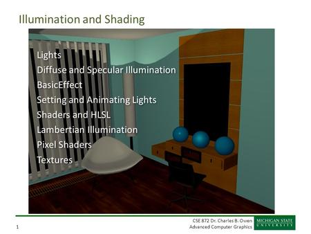 CSE 872 Dr. Charles B. Owen Advanced Computer Graphics1 Illumination and Shading Lights Diffuse and Specular Illumination BasicEffect Setting and Animating.