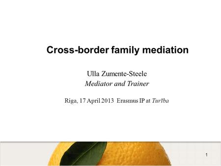 Cross-border family mediation Ulla Zumente-Steele Mediator and Trainer Riga, 17 April 2013 Erasmus IP at Turība 1.