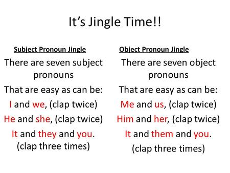 It’s Jingle Time!! Subject Pronoun Jingle Object Pronoun Jingle