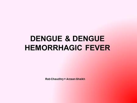 DENGUE & DENGUE HEMORRHAGIC FEVER Rab Chaudhry + Arzaan Shaikh.