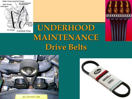 UNDERHOOD MAINTENANCE Drive Belts. DRIVE BELTS Two types of Belts are used Two types of Belts are used V-belts because they are shaped like a V. V-belts.