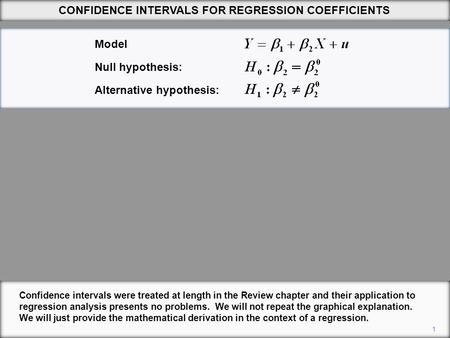 Confidence intervals were treated at length in the Review chapter and their application to regression analysis presents no problems. We will not repeat.