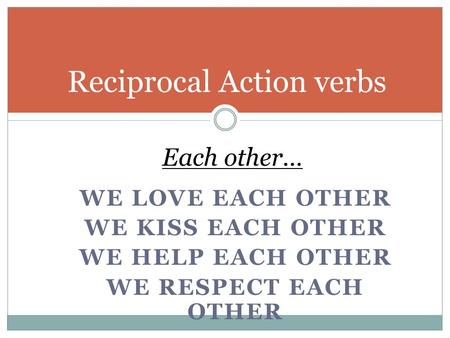 WE LOVE EACH OTHER WE KISS EACH OTHER WE HELP EACH OTHER WE RESPECT EACH OTHER Reciprocal Action verbs Each other…