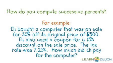 How do you compute successive percents? For example: Eli bought a computer that was on sale for 30% off its original price of $500. Eli also used a coupon.