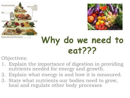 Why do we need to eat??? Objectives: