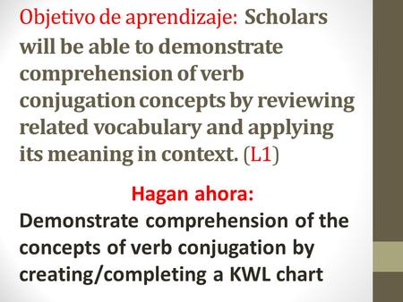 Objetivo de aprendizaje: Scholars will be able to demonstrate comprehension of verb conjugation concepts by reviewing related vocabulary and applying its.