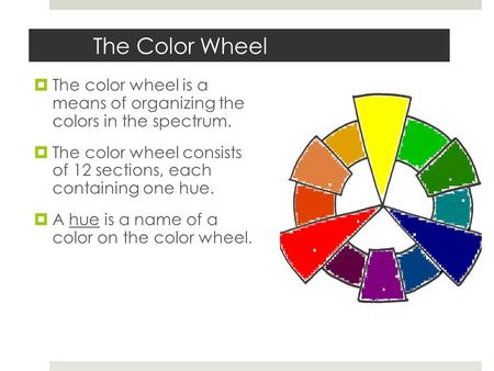 The Color Wheel The color wheel is a means of organizing the colors in the spectrum. The color wheel consists of 12 sections, each containing one hue.