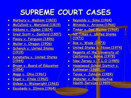 SUPREME COURT CASES Marbury v. Madison (1803) Marbury v. Madison (1803) Marbury v. Madison (1803) Marbury v. Madison (1803) McCulloch v. Maryland (1819)