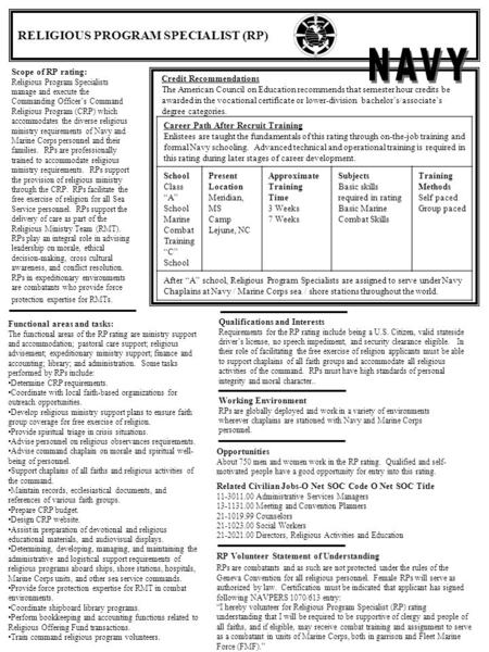 RELIGIOUS PROGRAM SPECIALIST (RP) Scope of RP rating: Religious Program Specialists manage and execute the Commanding Officer’s Command Religious Program.