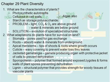 Chapter 29 Plant Diversity 1.What are the characteristics of plants? -Photosynthetic autotrophs -Cellulose in cell walls -Starch as storage polysaccharide.