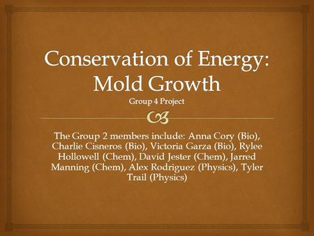 The Group 2 members include: Anna Cory (Bio), Charlie Cisneros (Bio), Victoria Garza (Bio), Rylee Hollowell (Chem), David Jester (Chem), Jarred Manning.