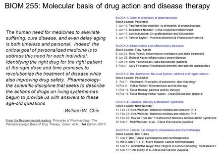 BIOM 255: Molecular basis of drug action and disease therapy BLOCK 1: General principles of pharmacology Block Leader: Paul Insel 1. Jan 10: Paul Insel: