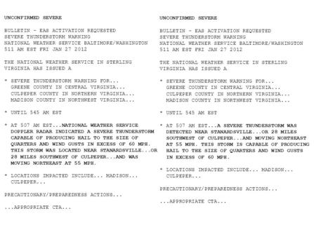 UNCONFIRMED SEVERE BULLETIN - EAS ACTIVATION REQUESTED SEVERE THUNDERSTORM WARNING NATIONAL WEATHER SERVICE BALTIMORE/WASHINGTON 511 AM EST FRI JAN 27.