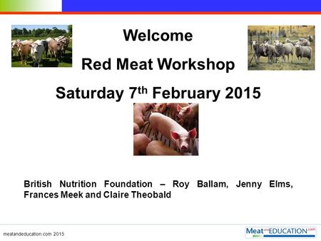 Welcome Red Meat Workshop Saturday 7 th February 2015 British Nutrition Foundation – Roy Ballam, Jenny Elms, Frances Meek and Claire Theobald meatandeducation.com.