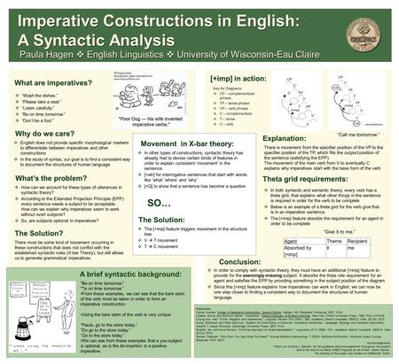 What are imperatives? Why do we care? The Solution: A brief syntactic background: Movement in X-bar theory: Paula Hagen  English Linguistics  University.