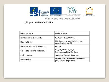 Název projektuModerní škola Registrační číslo projektuCZ.1.07/1.5.00/34.0526 Název aktivity III/2 Inovace a zkvalitnění výuky prostřednictvím ICT Název.