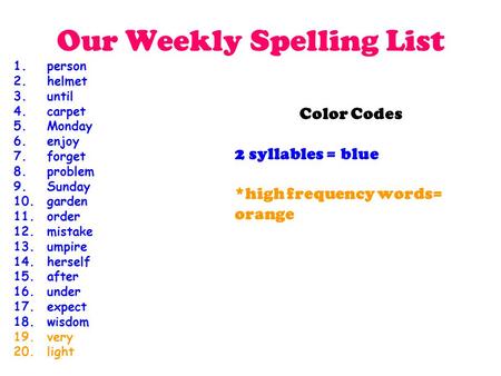 Our Weekly Spelling List 1.person 2.helmet 3.until 4.carpet 5.Monday 6.enjoy 7.forget 8.problem 9.Sunday 10.garden 11.order 12.mistake 13.umpire 14.herself.