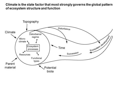 Climate is the state factor that most strongly governs the global pattern of ecosystem structure and function.