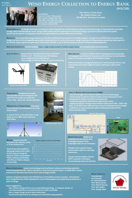 W IND E NERGY C OLLECTION TO E NERGY B ANK (WECEB) P12401 2011-1/2011-2 V INCE B UROLLA (T EAM G UIDE ) D R. E DWARD H ENSEL AND RIT ME D EPT. (S PONSOR.