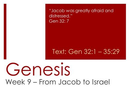 Genesis Week 9 – From Jacob to Israel “Jacob was greatly afraid and distressed.” Gen 32: 7 Text: Gen 32:1 – 35:29.