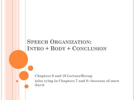 S PEECH O RGANIZATION : I NTRO + B ODY + C ONCLUSION Chapters 9 and 10 Lecture/Recap (also tying in Chapters 7 and 8—because of snow days)