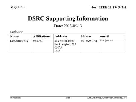 Submission doc.: IEEE 11-13/-543r1 May 2013 Lee Armstrong, Armstrong Consulting, Inc.Slide 1 DSRC Supporting Information Date: 2013-05-13 Authors: