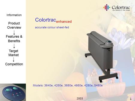 Information ProductOverview Features & Benefits TargetMarket Competition 2003 1 Colortrac enhanced accurate colour sheet-fed Models: 3640e, 4260e, 3680e,