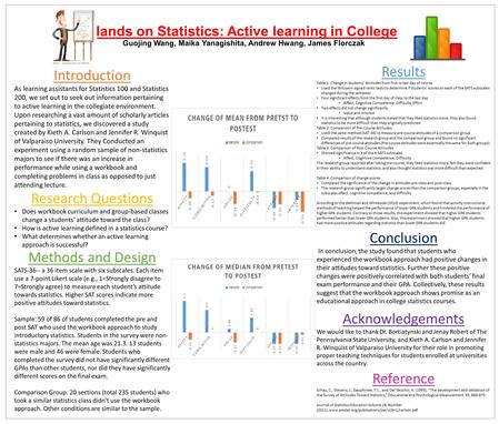 Hands on Statistics: Active learning in College Guojing Wang, Maika Yanagishita, Andrew Hwang, James Florczak Introduction As learning assistants for Statistics.