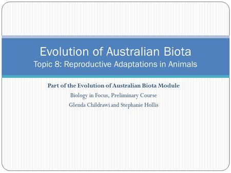 Part of the Evolution of Australian Biota Module Biology in Focus, Preliminary Course Glenda Childrawi and Stephanie Hollis Evolution of Australian Biota.