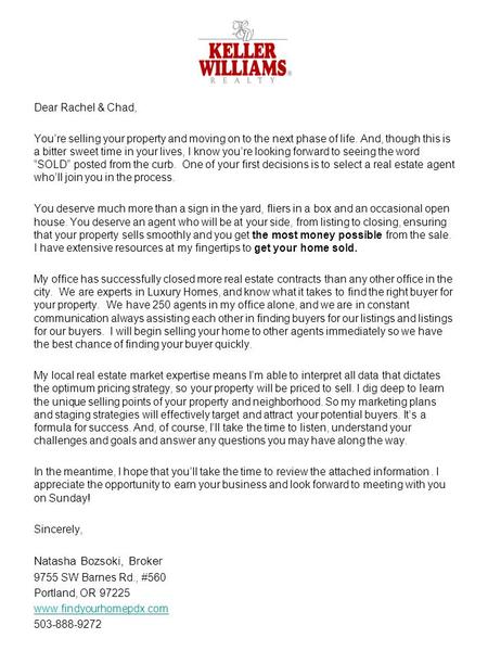 Dear Rachel & Chad, You’re selling your property and moving on to the next phase of life. And, though this is a bitter sweet time in your lives, I know.