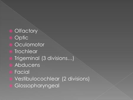 Olfactory Optic Oculomotor Trochlear Trigeminal (3 divisions…)