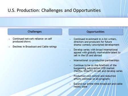 U.S. Production: Challenges and Opportunities Continued investment in A-list writers, directors and producers for future drama/comedy/unscripted development.