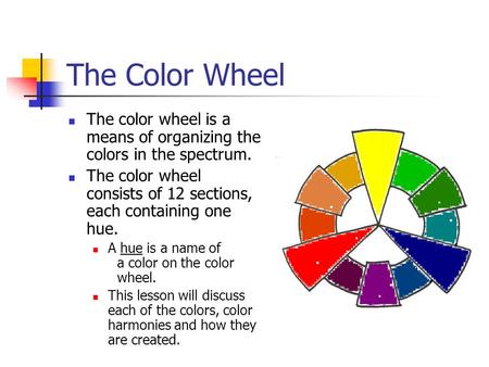 The Color Wheel The color wheel is a means of organizing the colors in the spectrum. The color wheel consists of 12 sections, each containing one hue.