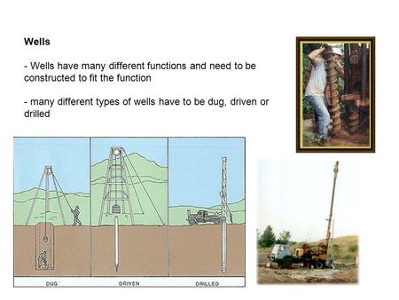 Wells - Wells have many different functions and need to be constructed to fit the function - many different types of wells have to be dug, driven or drilled.