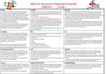 MOUNT PLEASANT PRIMARY SCHOOL SPRING 1 YEAR 5 MATHS This half term children will begin by studying negative numbers and solving problems involving numbers.