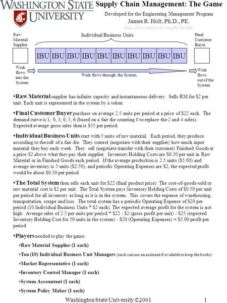 Supply Chain Management: The Game Developed for the Engineering Management Program James R. Holt, Ph.D., PE.