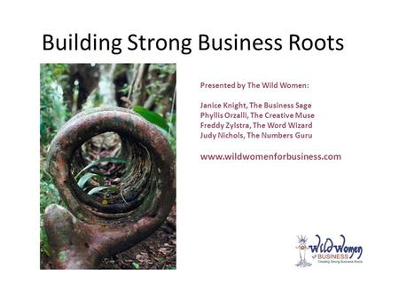 Building Strong Business Roots Presented by The Wild Women: Janice Knight, The Business Sage Phyllis Orzalli, The Creative Muse Freddy Zylstra, The Word.