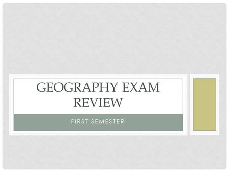 FIRST SEMESTER GEOGRAPHY EXAM REVIEW. CHAPTER 1 Terms: latitude - lines that run parallel to the equator longitude - lines that go over the earth around.