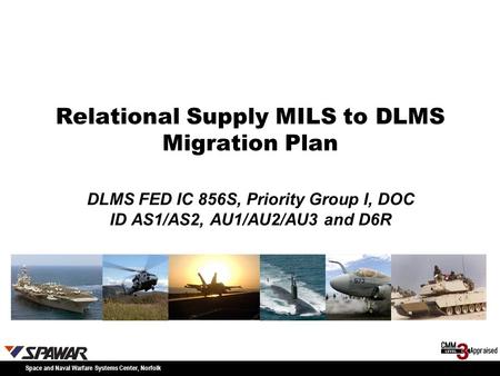 Relational Supply MILS to DLMS Migration Plan DLMS FED IC 856S, Priority Group I, DOC ID AS1/AS2, AU1/AU2/AU3 and D6R Space and Naval Warfare Systems Center,