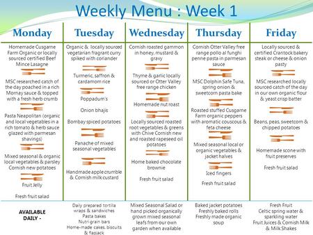 Weekly Menu : Week 1 MondayTuesdayWednesdayThursdayFriday Homemade Cusgarne Farm Organic or locally sourced certified Beef Mince Lasagne MSC researched.