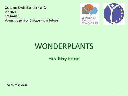 WONDERPLANTS Healthy Food Osnovna škola Bartola Kašića Vinkovci Erasmus+ Young citizens of Europe – our future April, May 2015 1.