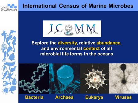 International Census of Marine Microbes Explore the diversity, relative abundance, and environmental context of all microbial life forms in the oceans.