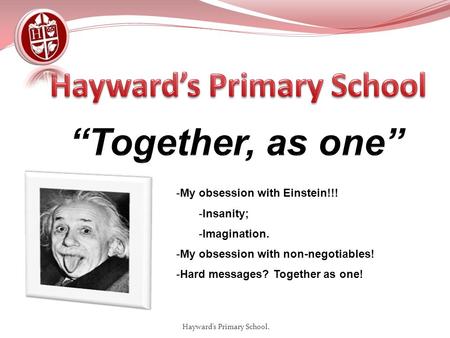 Hayward’s Primary School. -My obsession with Einstein!!! -Insanity; -Imagination. -My obsession with non-negotiables! -Hard messages? Together as one!