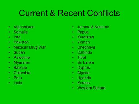 Current & Recent Conflicts Afghanistan Somalia Iraq Pakistan Mexican Drug War Sudan Palestine Myanmar Basque Colombia Peru India Jammu & Kashmir Papua.