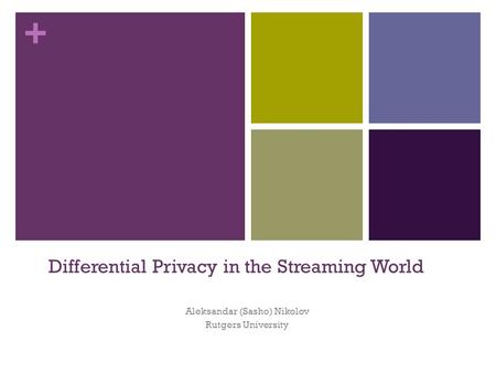 + Differential Privacy in the Streaming World Aleksandar (Sasho) Nikolov Rutgers University.