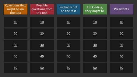 You can type your own categories and points values in this game board. Type your questions and answers in the slides we’ve provided. When you’re in slide.