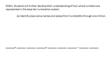 M4N1. Students will further develop their understanding of how whole numbers are represented in the base-ten numeration system. (a) Identify place value.